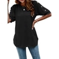 thumbnail image 1 of Hanerdun Women Crew Neck Blouses Tops Female Button Short Sleeve Shirt Black XL, 1 of 5