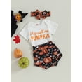 thumbnail image 3 of Wassery Baby Girls Halloween Shorts Sets Short Sleeve Letter Print Romper Tops and Pumpkin Print Shorts Headband 3 6 12 18 Months Infant Summer Casual Clothes, 3 of 8