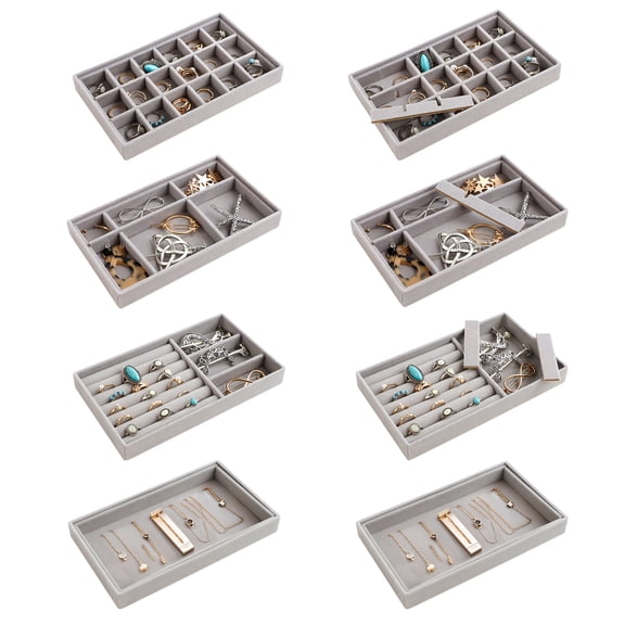 IEMIEBSHA 8 Pack Velvet Jewelry Trays Organizer, Stackable Jewelry Display Case Drawer Inserts Tray for Earring, Ring, Necklace, Bracelet, Brooch, Watch, Multi-slot Design, 8.3x5x1 Inch