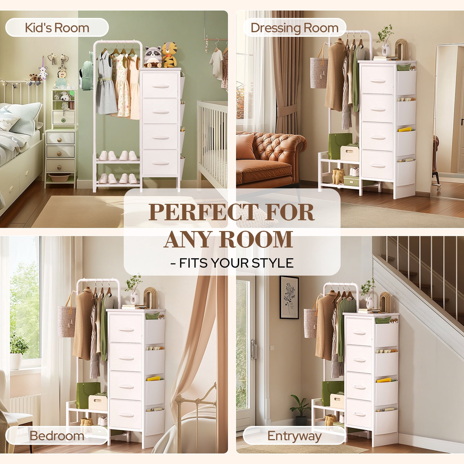 UNTIMATY Dresser with Hanging Rack White Fabric Dresser for Bedroom with Hanging Rack and 4 Drawers Dresser with Side Pockets