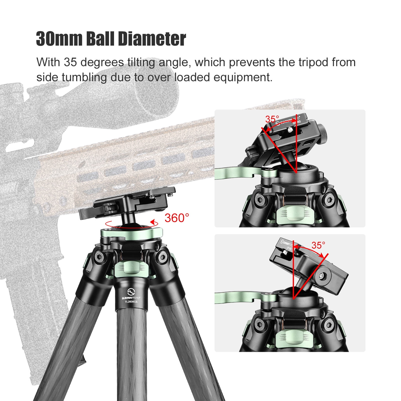 Sunwayfoto TL2830CS-D Carbon Fiber Tripod with Lever Locks for Hunting with Inverted Ball Head,3 sections, 44lb(20kg) Load
