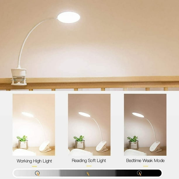 Lampe de lecture à pince, alimentée par batterie, lampe de lit à pince avec  3 niveaux de luminosité, rechargeable par USB, lampe de lecture 
