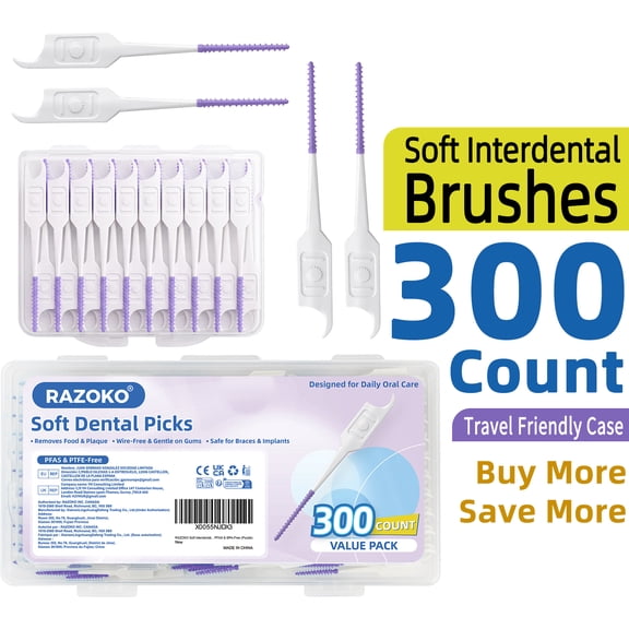 RAZOKO Soft Interdental Brushes 300 Count Rubber Dental Picks with Travel Case Purple