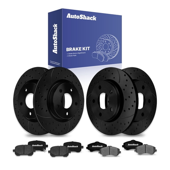 AutoShack Front & Rear Brake Rotors & Ceramic Pads for Dodge, Grand Caravan 2008-2011, FWD V6 3.3L 3.6L 3.8L 4.0L - E-Coated Drilled & Slotted - Black Finish - NightGuard