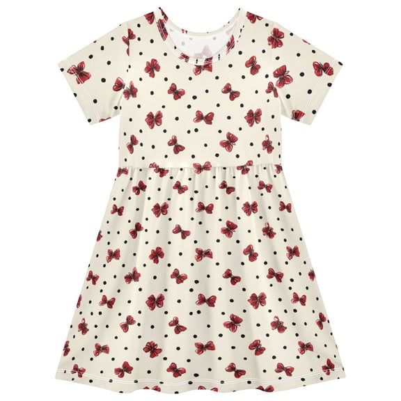 Little Red Bow Short Sleeve Dress A-Line Cute Midi Casual Sundress 2-8 Years