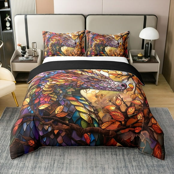 Cotton Dragon Duvet Cover for Teens,Western Dragon Scales Gothic Animal Breathable Comforter Cover()No Filler),Retro Maple Ginkgo Leaves Botanical Orange Bedding Set,Queen Size