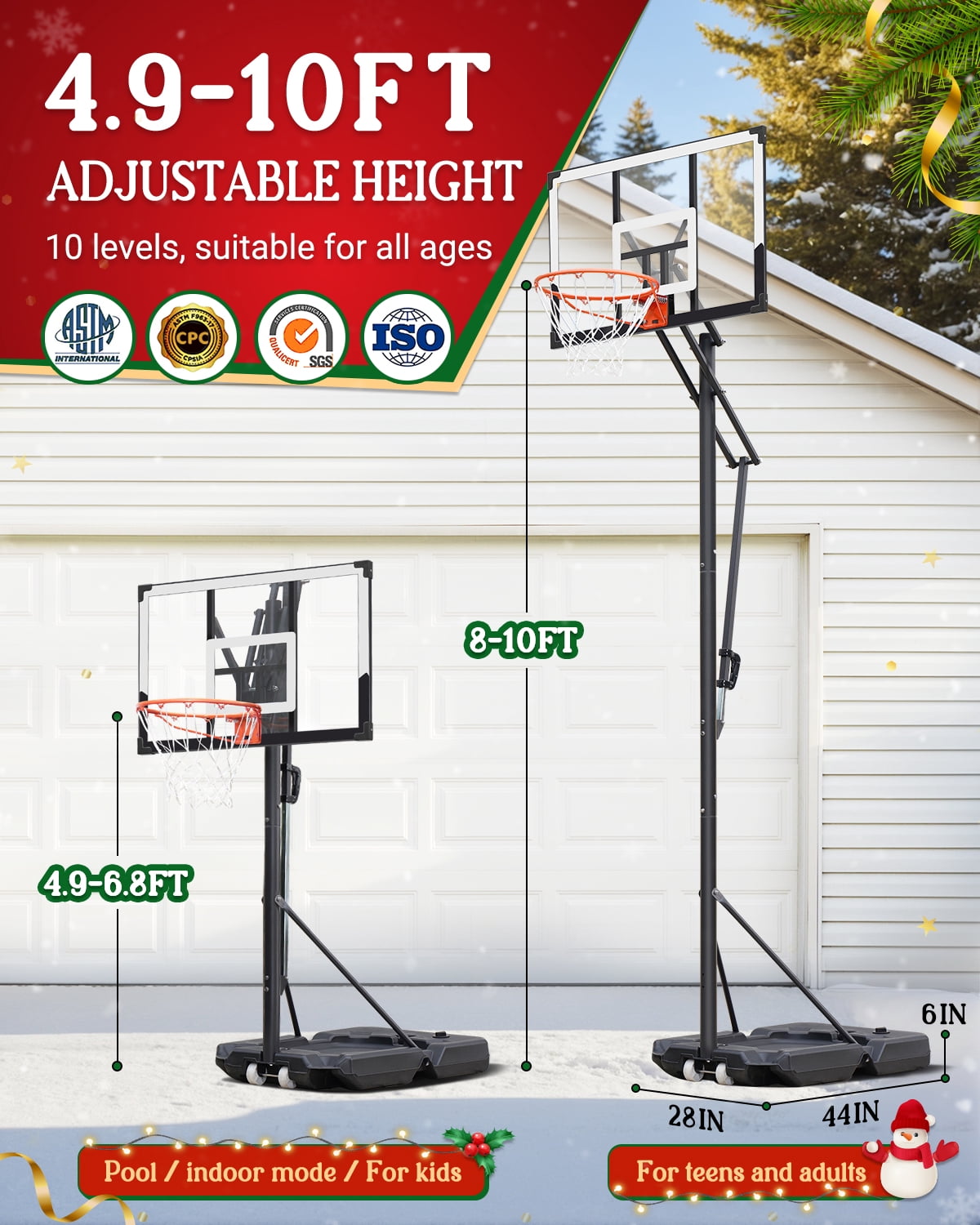 SERAY Basketball Hoop 4.9-10 feet Height Adjustable for Kids, Teens & Adults, 44 inch Backboard and Portable Wheels, Basketball Goal System for Outdoor/Indoor Sports