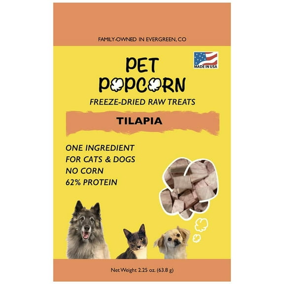 Pet Popcorn: Freeze-Dried Raw Treats - Tilapia - 2.5oz Bag, Dog & Cat Snacks, Single Ingredient, Natural, Pet Food Topper-Reward, Protein‑Packed Fish