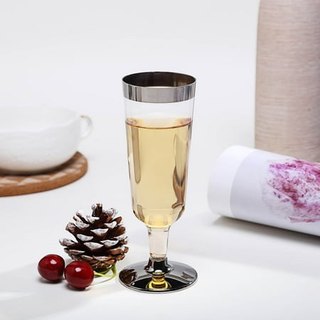 Hand Painted Frosted Champagne Glass BalsaCircle Silver Rim 11 pcs 6 oz. Clear Plastic Champagne Flutes - Wedding Reception Party Buffet Catering Tableware ()