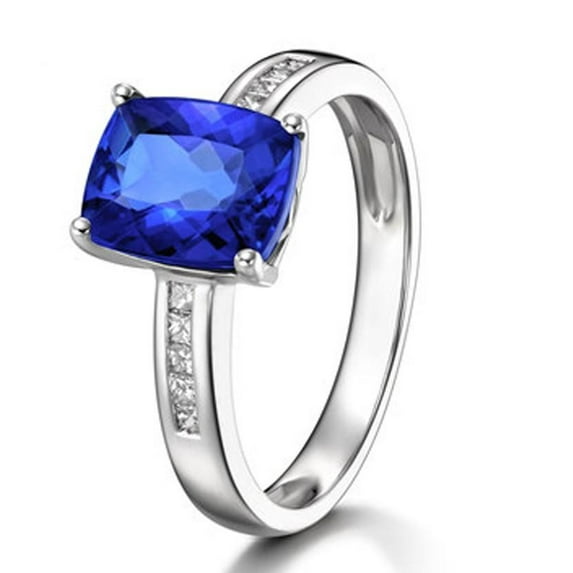 7x5mm Emerald Cut 1.50 Carat Blue Sapphire And Moissanite Diamond Classic Engagement Ring for Women in 10k White Gold