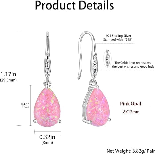 Opal Earrings 925 Sterling Silver Celtic Knot Hook Teardrop Earring 8X12mm Solitaire Gemstone October Birthstone Jewelry Gift for Women