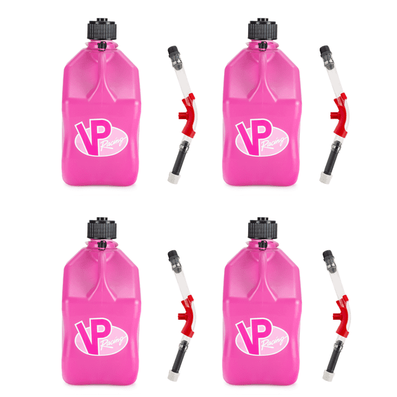 VP Racing 3812-CA, SQUARE Motorsport Jug 5.5 GALLON -Pink, With Deluxe Filter Hose, and Hose Bender - (4 Pack)