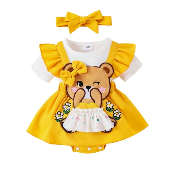 Spewahor Infant Baby Girls Summer Romper Dress 0 3 6 9 12 18 Months Flying Sleeve Cartoon Doll Flower Embroidery Romper with Headband