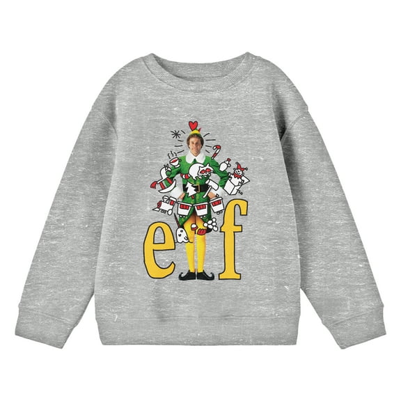Elf Doodle on Buddy With Title Logo Youth Heather Gray Crew Neck Sweatshirt-Medium