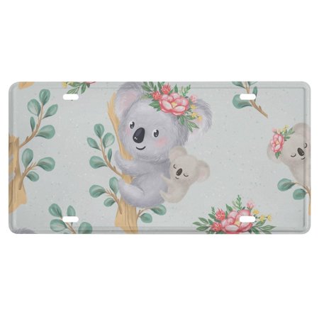 SKYSONIC 1PCS License Plate Covers, Mom Koala Baby Gumtree Iron Car Tag for Auto, Car Front Plate Decorative Plaque 6 x 12 Inch