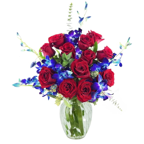 KaBloom : 12 Red Roses, 5 Blue Dendrobium Orchids, 10 greens in vase, Next-Day Delivery.