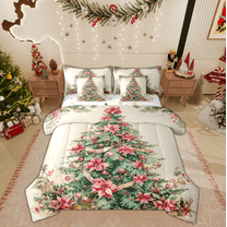 Manfei Kids Happy Christmas Twin Bedding Sets 7-Piece, Green Xmas Tree Bedding Comforter Set, Poinsettia Flower Reversible Sheet Sets, Microfiber Bedroom Decor