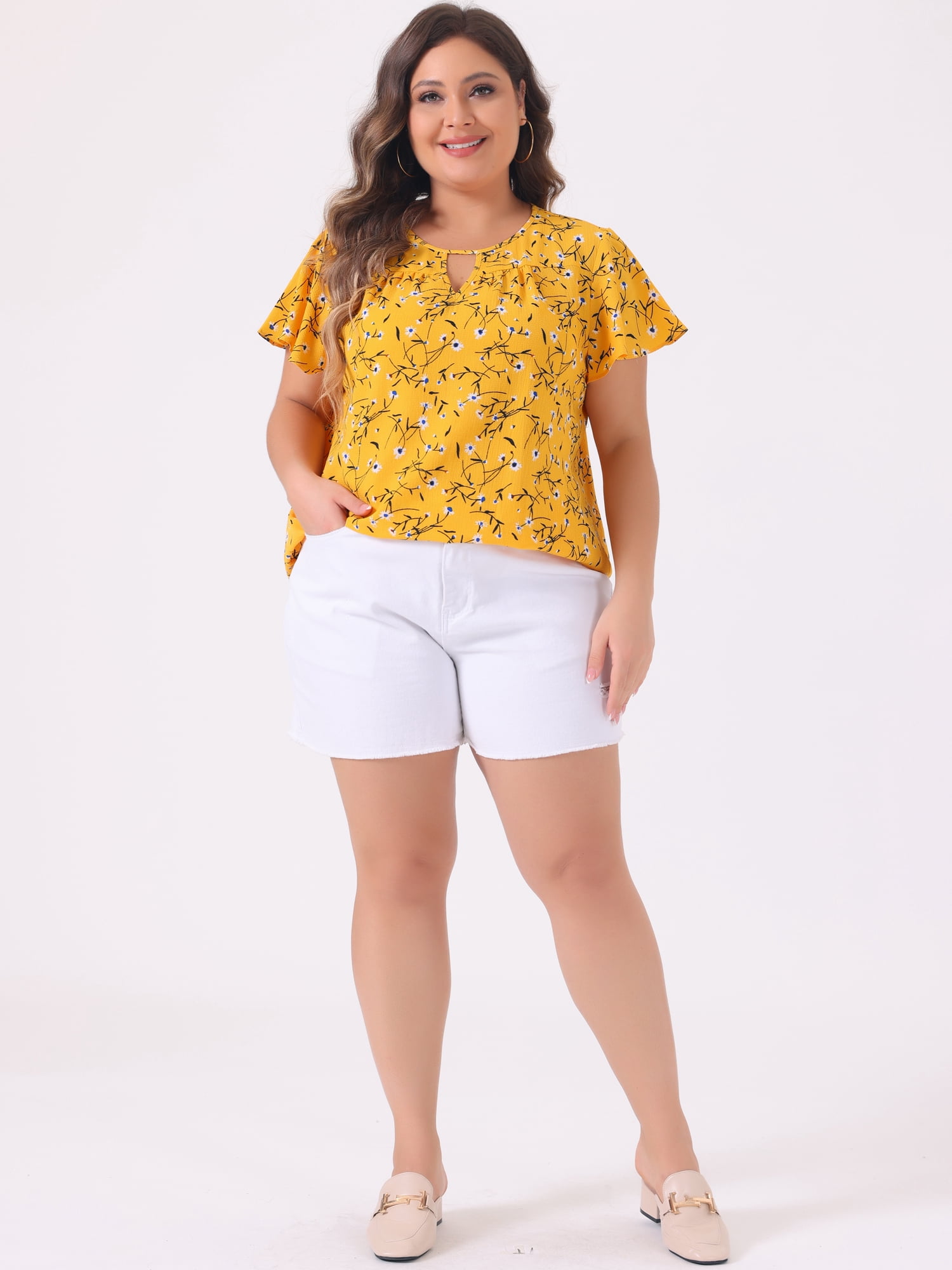 DARING DIVA Women's Plus Ruffle Short Sleeve Keyhole Chiffon Blouse 6X Yellow