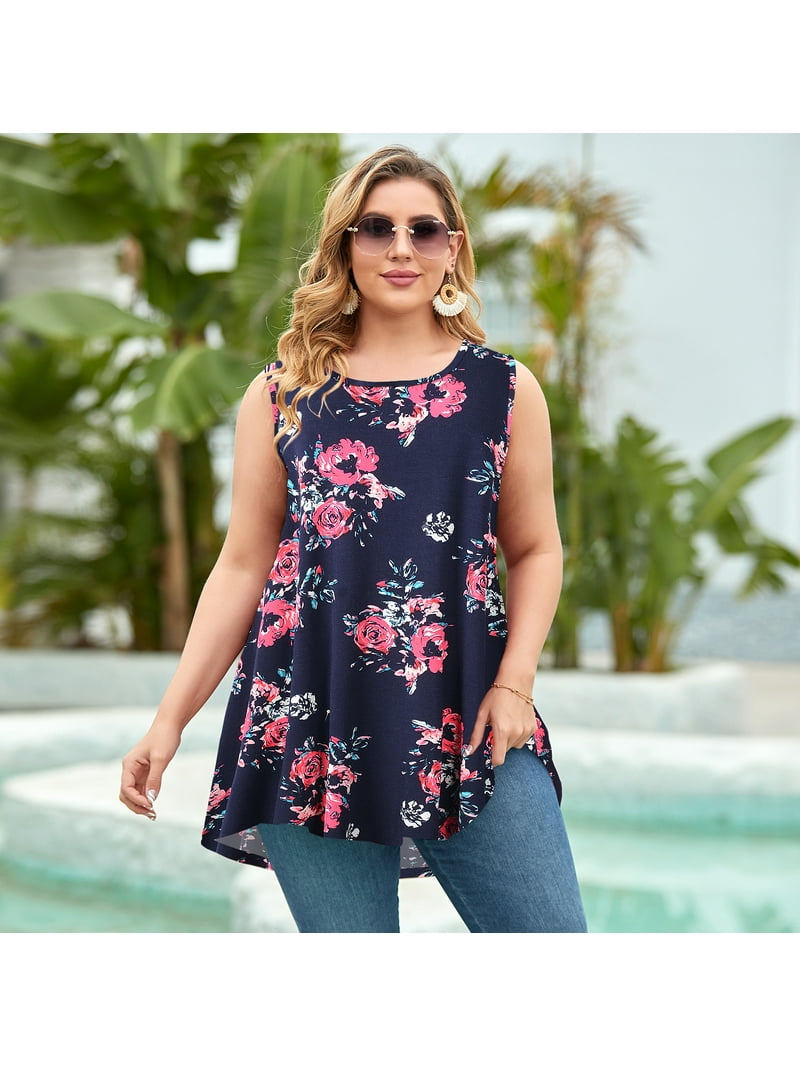 Plus Size Tops for Women Sleevelss Tunic Casual Summer Clothes Swing Shirts for Jeans(A-Navy02-2X) - Walmart.com