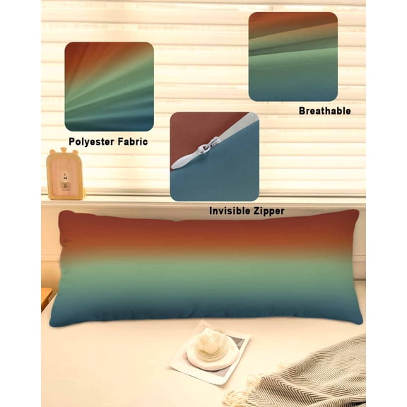 Burnt Orange Teal Ombre Throw Pillow Covers, Modern Abstract Art Aesthetics Soft Breathable Pillow Cases with Zipper for Sleeping, Long Body Pillowcases for Couch Bed Sofa Chair 20x54 Inches