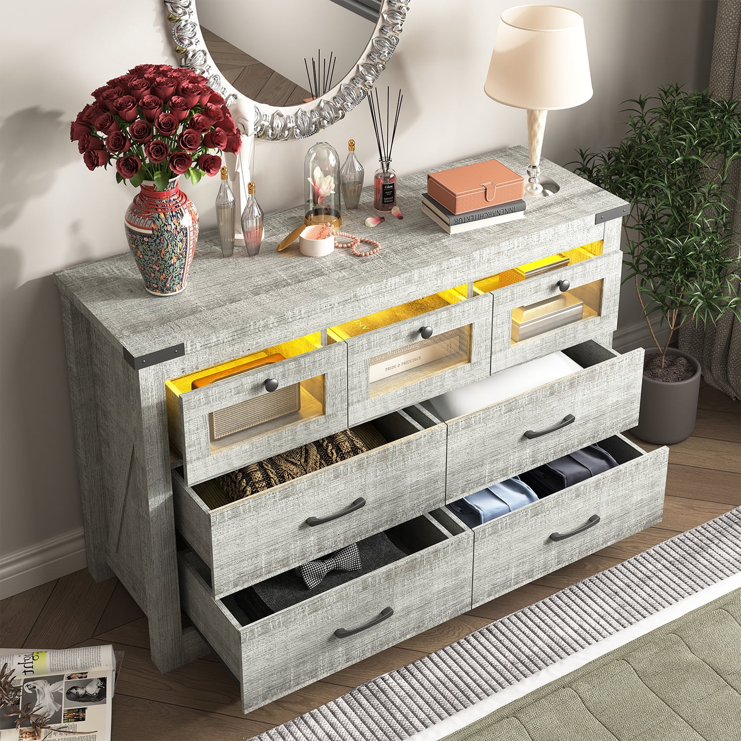 Kepooman Chest of Drawers, 7 Drawer LED Dresser for Living Room, Nursery Dresser, Cement Grey Kepooman Chest of Drawers, 7 Drawer LED Dresser for Living Room, Nursery Dresser, Cement Grey