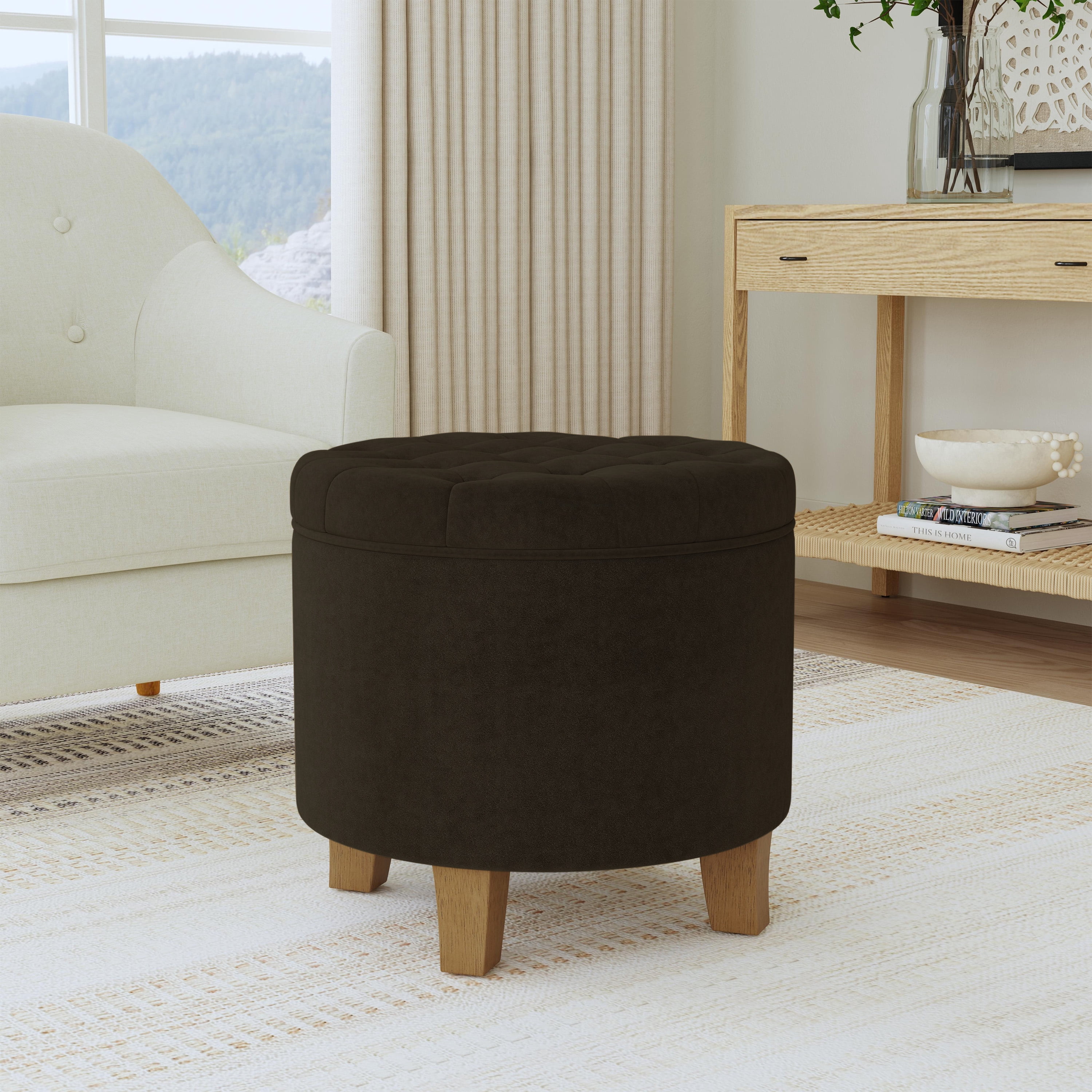 HomePop Small Round Button Tufted Storage Ottoman, Chocolate Brown Velvet