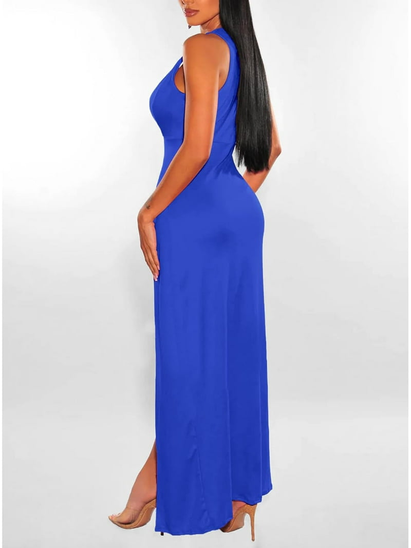 HLSOHJP Women's Double Slit Maxi Tank Dress Sleeveless Deep V-Neck Low Cut  High Split Cover Up Long Bodycon Wrap Dress - Walmart.com