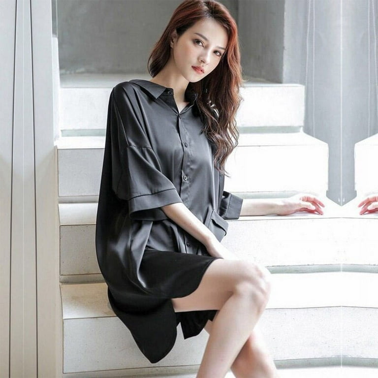 PIKADINGNIS Summer Satin Silk Womens Sleepwear Shirt Night Gown