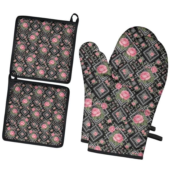 Pioneer Flower Floral Print Pattern 2-Pack Oven Mitts Set, Heat Resistant Kitchen Gloves, 7.7" X 12"