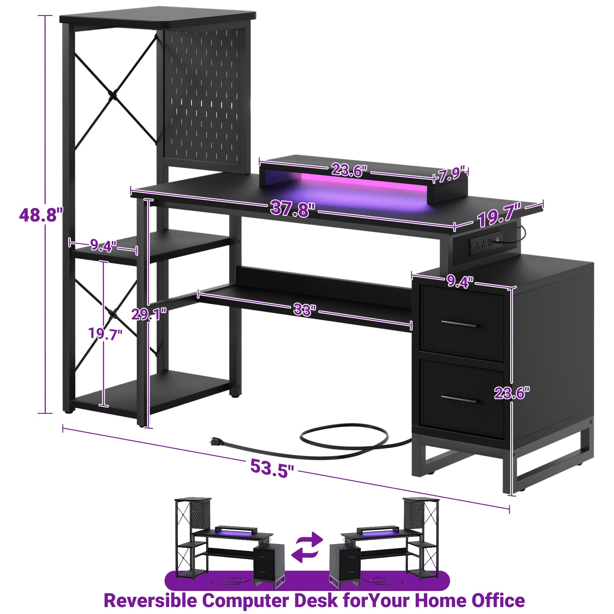 Homieasy 53" Gaming Desk with 2 Fabric Drawers, LED Lights & Pegboard, Reversible Computer Gaming Desk with Power Outlets, Writing Desk with Monitor Stand for Home & Office, Black