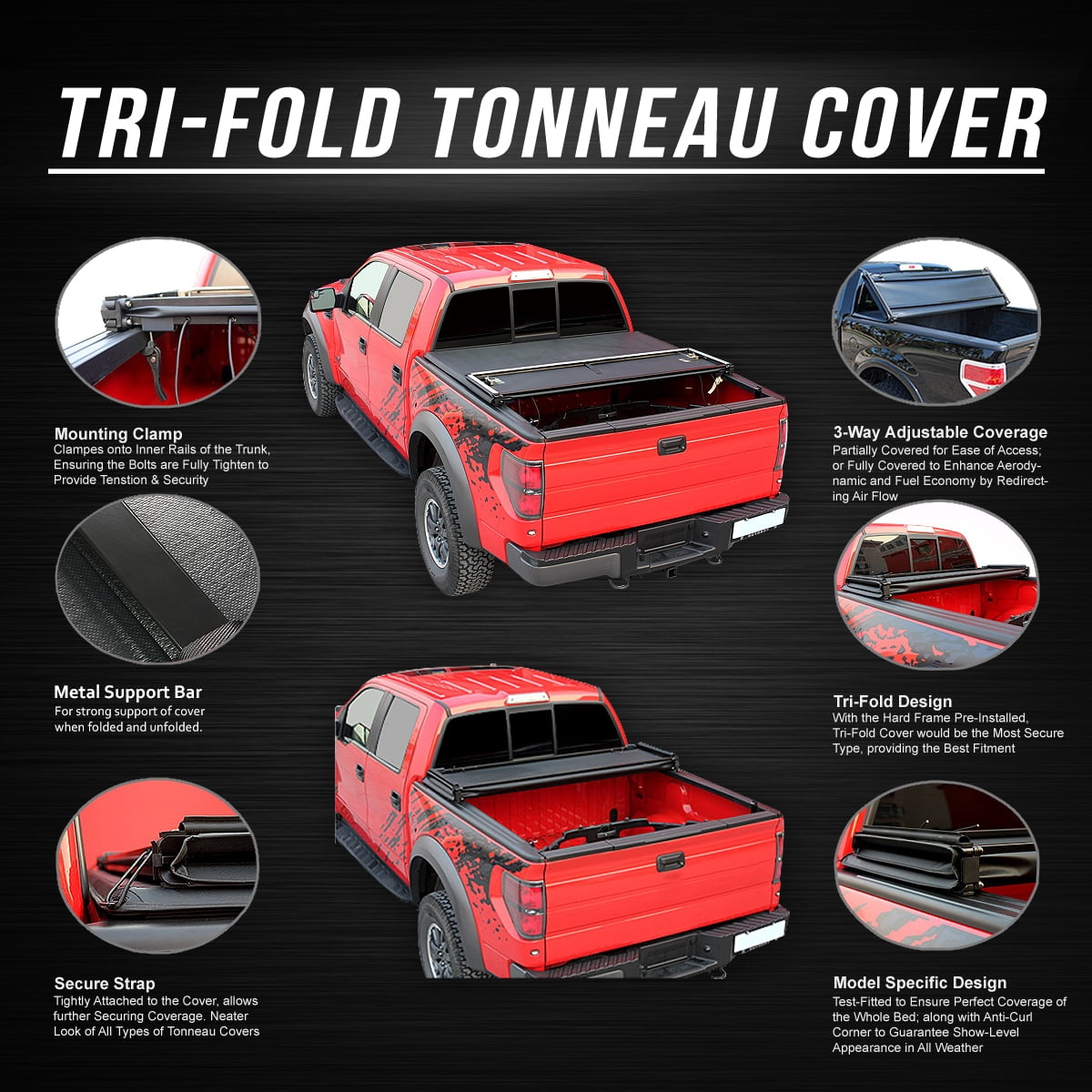 DNA Motoring For 20-24 Jeep Gladiator JT Pickup Truck Bed Soft Top Tri-Fold Tonneau Cover