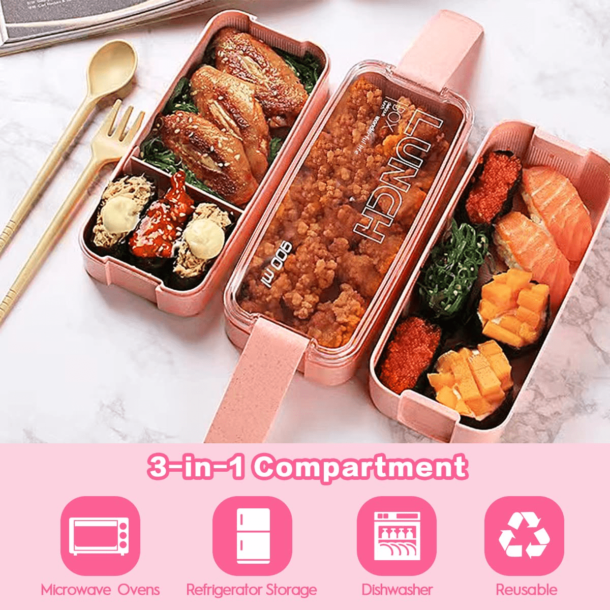 Viadha Kitchen Accessories Stackable Bento Box,Lunch Box Kit with Spoon & Fork, 3-in-1 Compartment Whea-t Straw Meal Prep Containers,Leakproof