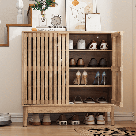 Semiocthome Armoire de Rangement pour Chaussures à 4 Niveaux pour Couloir, 2 Portes, Organisateur d'Étagère à Chaussures pour 16 Paires, Naturel