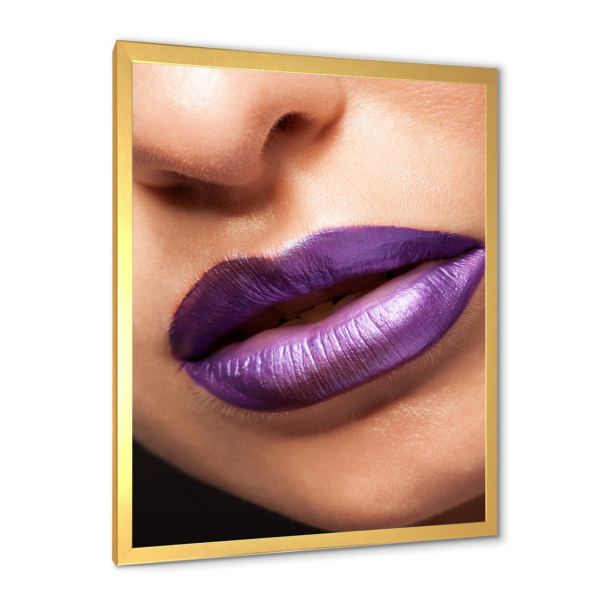 Designart 'Close Up View of Girl Lips With Purple Lipstick' Modern Framed Art Print