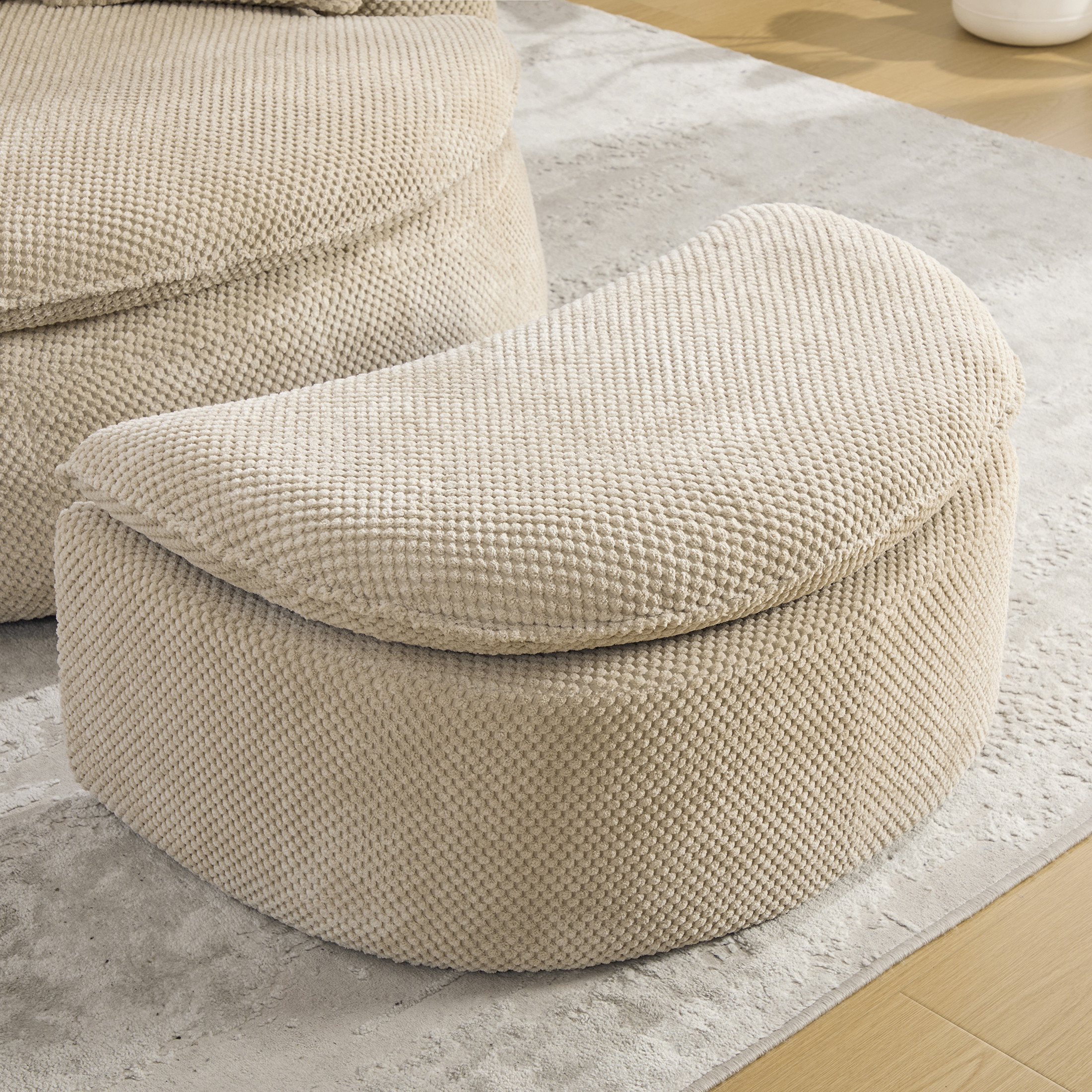 GDF Studio 34.45-Inch Moon-Shaped Footstool Ottoman with Pineapple Lattice Fabric, Taupe