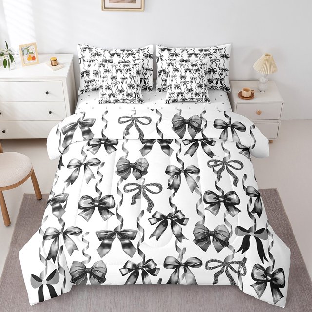 Erosebridal Lit avec Nœud Kawaii Taille Complète, Ensemble de Lit Noir, Décor Style Princesse, Réversible 7 Pcs