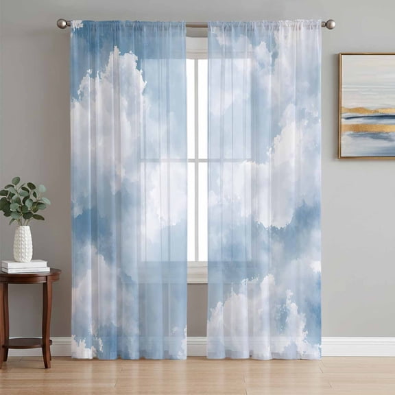 Blue Sky Sheer Curtains 96 Inch Length 2 Panels Set, Cloud Gradient Natural Landscape Scenery Voile Window Treatment Semi Sheer Long Curtains Drapes for Bedroom/Living Room/Kitchen 52"x96"x2
