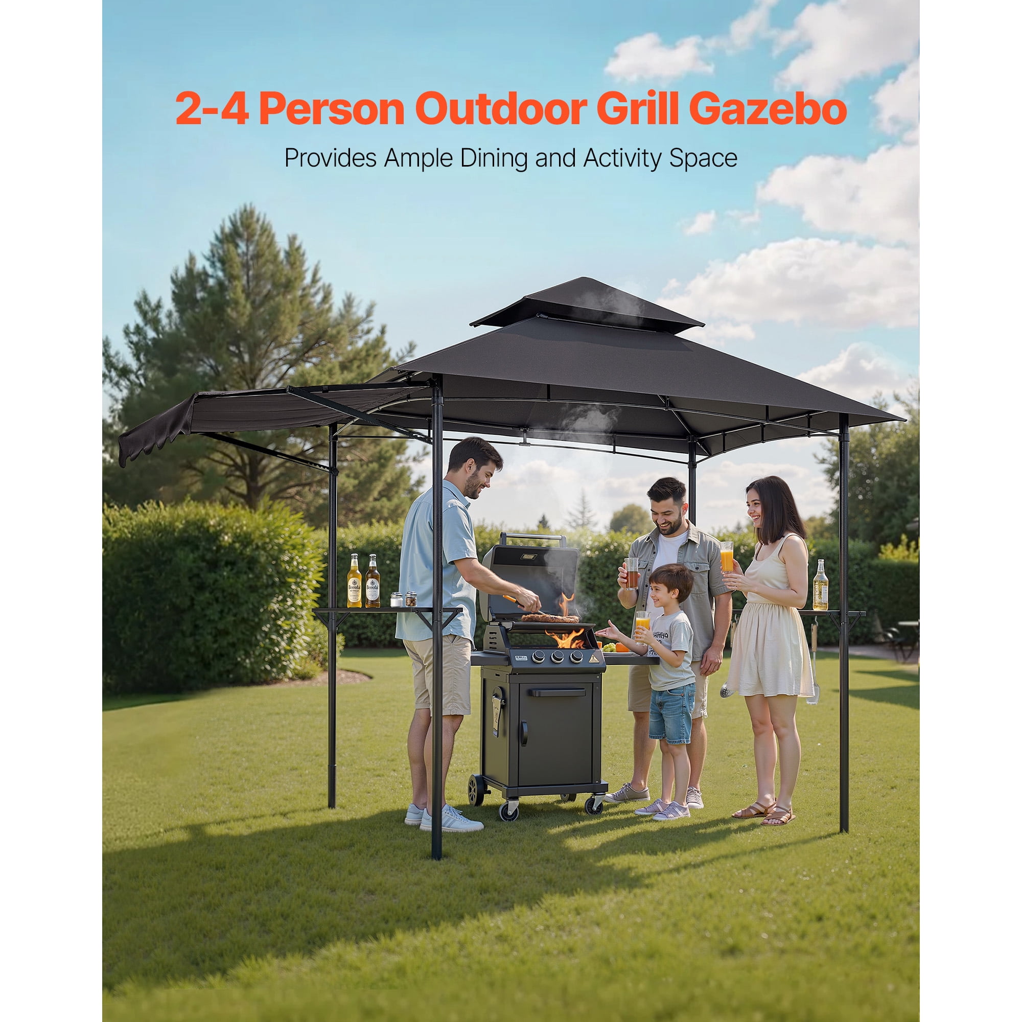 KFFKFF 8 x 5 ft Grill Gazebo with Double-Tier Roof, BBQ Shelter with Awning, Steel Frame, Side Shelves, Bottle Opener & Hooks, Outdoor Canopy for Patio or Garden