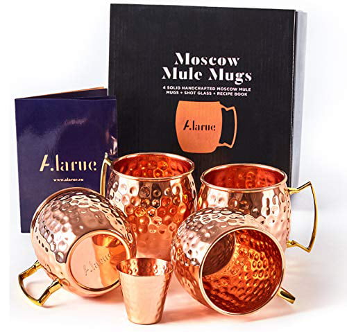 Set of 4 No Nickel Interior Moscow Mule Mug 16 Oz Unlined Handcrafted Hammered Design with Free 2 Copper Vodka Shot Glasses PRISHA INDIA CRAFT 100% Pure Solid Copper