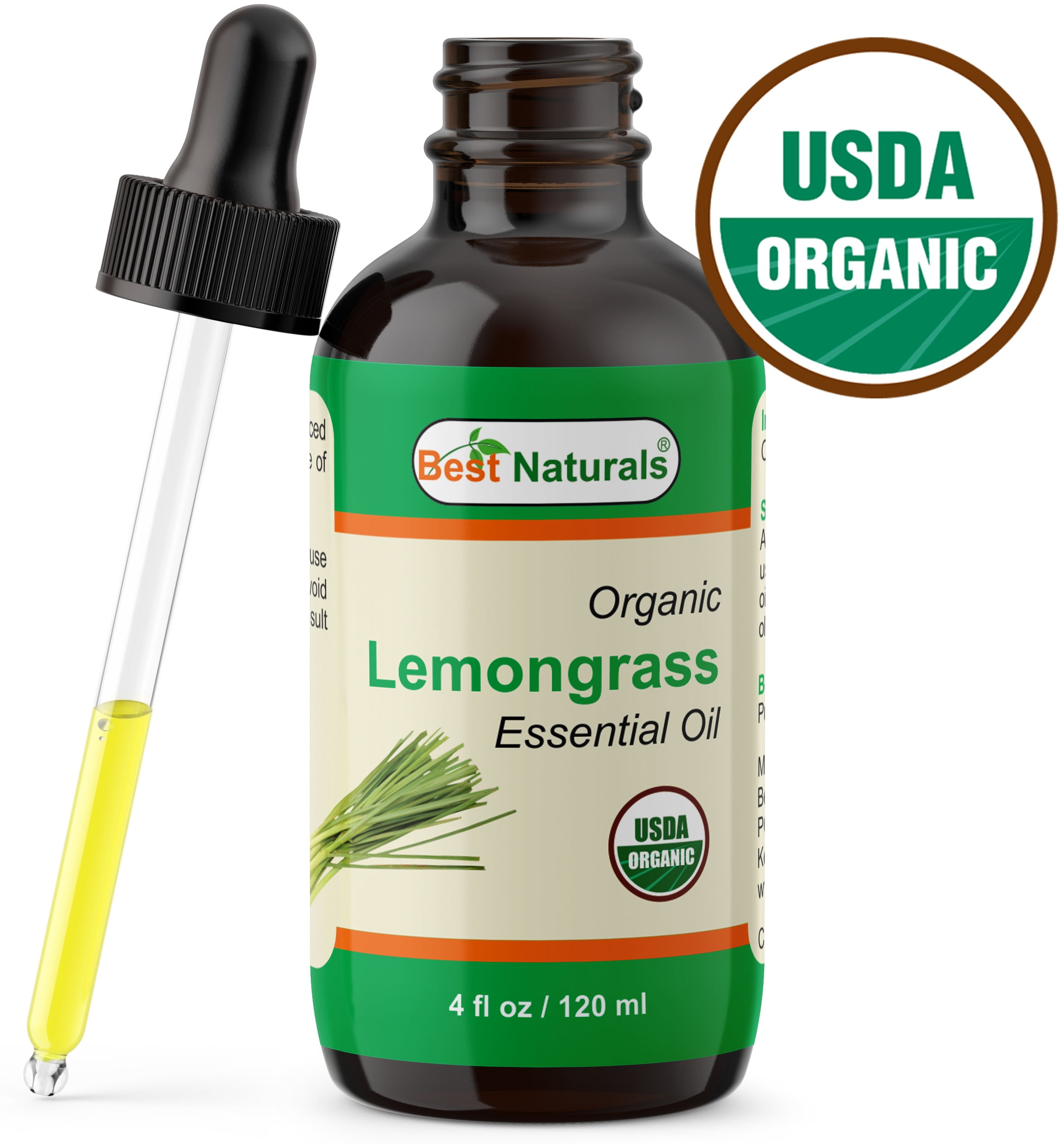 Best Naturals Certified Organic Lemongrass Essential Oil with Glass Dropper Lemongrass 4 FL OZ (120 ml)