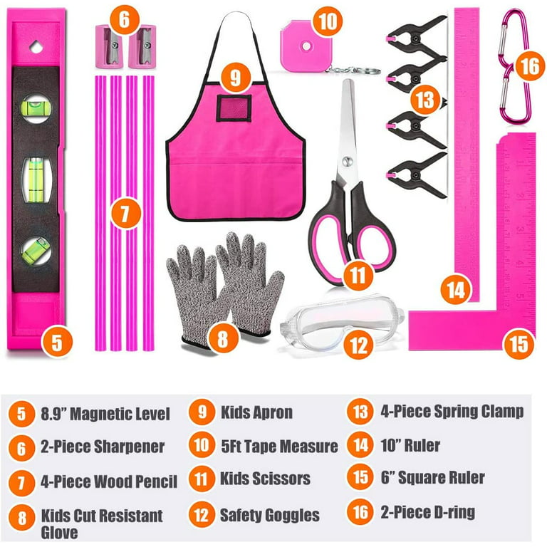 REXBETI 25-Piece Kids Tool Set with Real Hand Tools, Pink Durable Storage  Bag, Children Learning Tool Kit for Home DIY and Woodworking