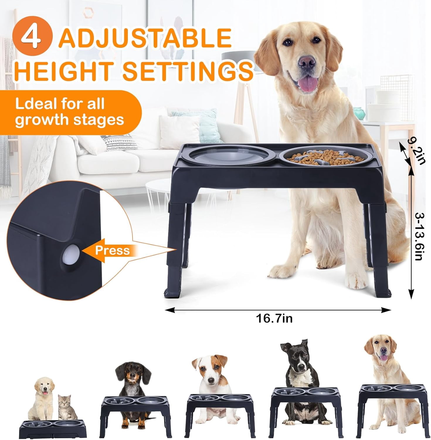 Elevated Dog Bowls, Raised Slow Feeder Dog Bowls with No Spill Dog Water Bowl Dispenser, 5 Heights Adjustable Raised Dog Bowls