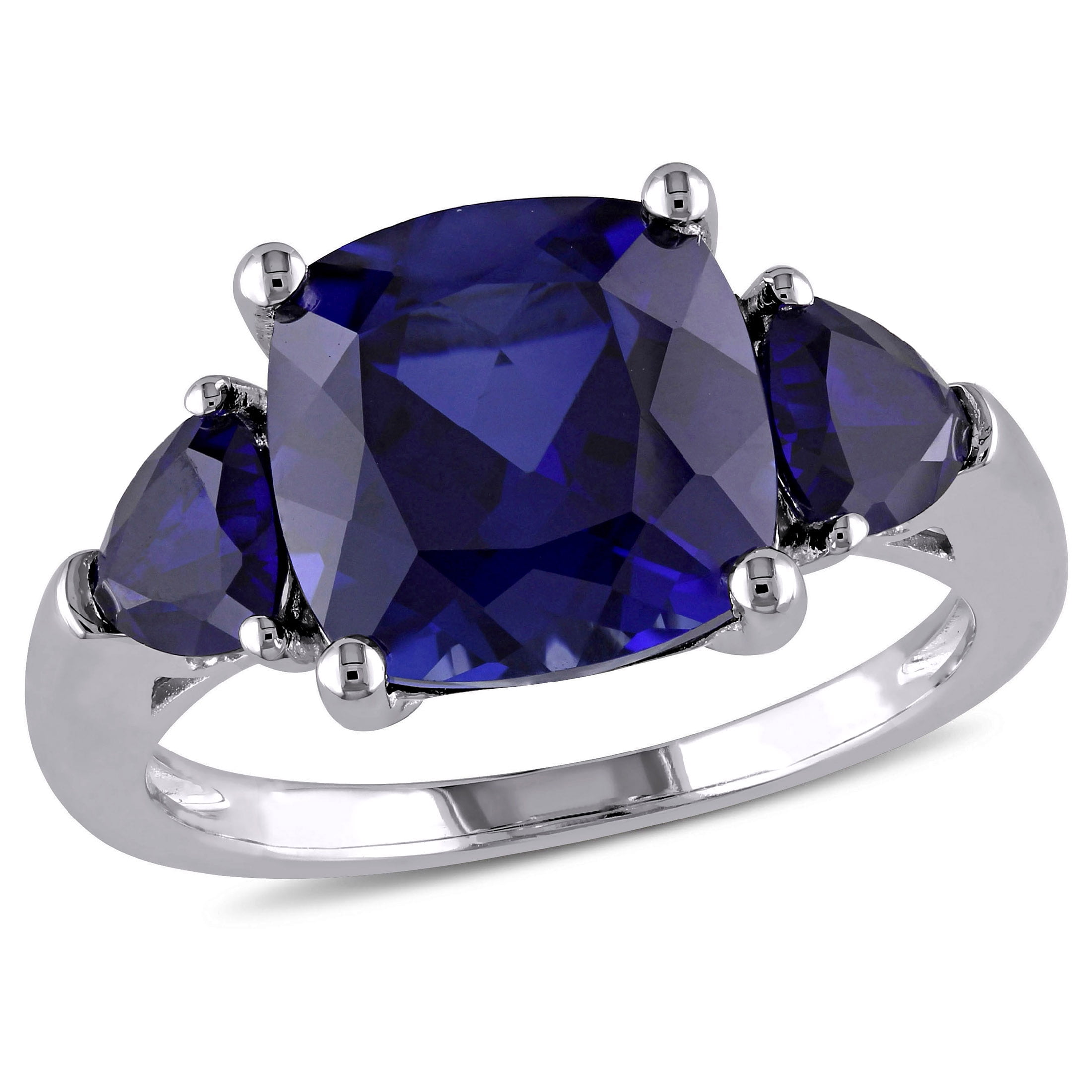 Miabella Women's 7 1/10 Carat T.G.W. Cushion-Cut and Trilliant-Cut Created Blue Sapphire Sterling Silver 3-Stone Ring