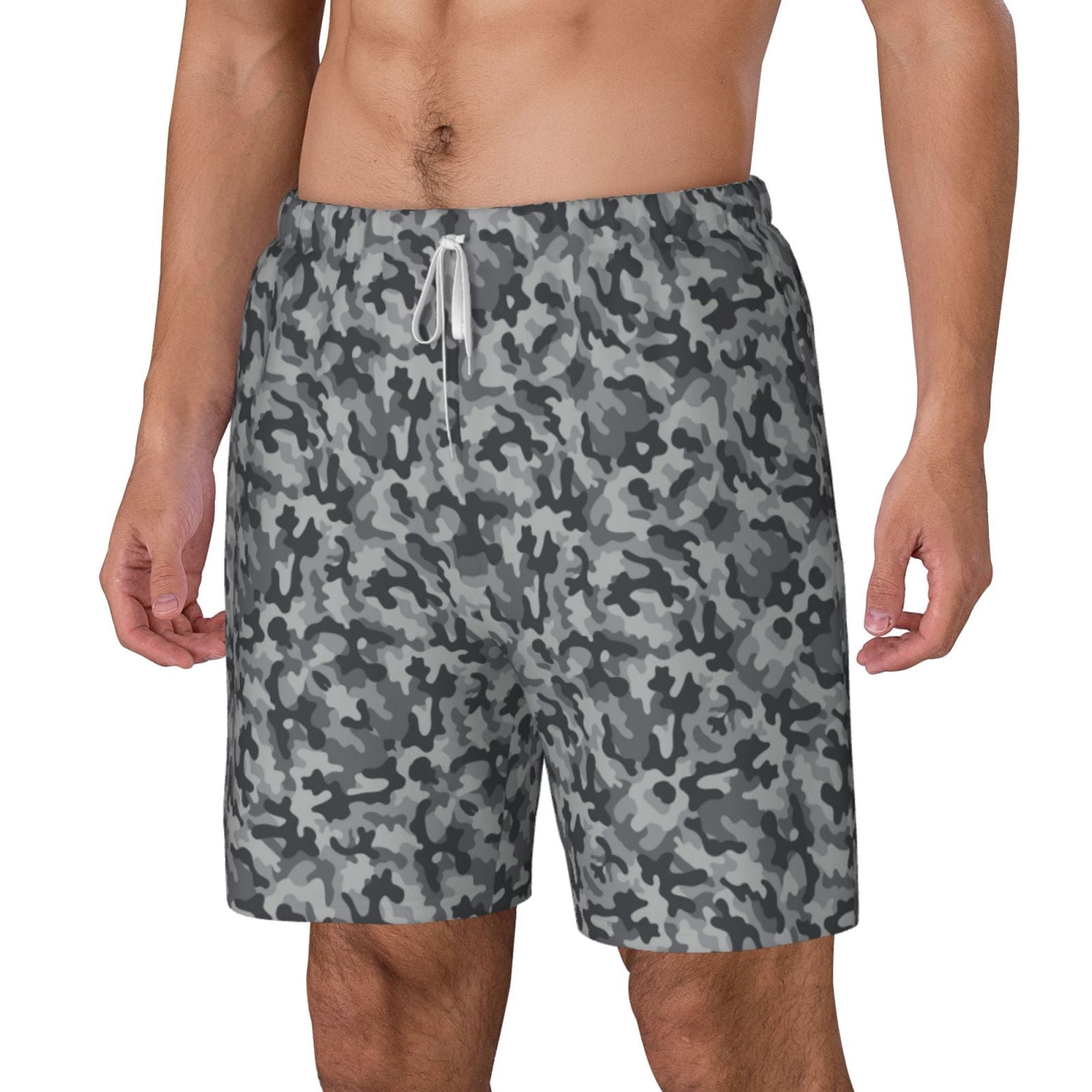 Men's Grey Camouflage Print Swim Trunks with Compression Liner Bathing Suit Swimwear