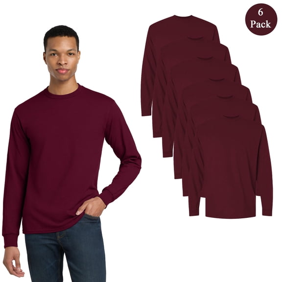 Gildan Men's DryBlend 50/50 Long Sleeve T-Shirt, Crew Neck Classic Fit Solid Tee, Maroon, 6-Pack, S
