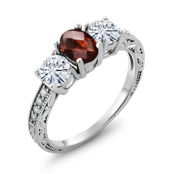 Gem Stone King 925 Sterling Silver 3-Stone Ring Checkerboard Garnet Moissanite(2.12 Cttw) (Size 5)