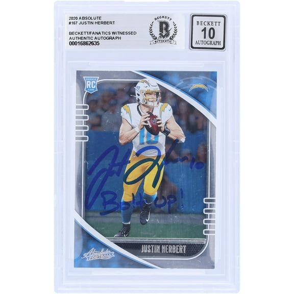 Justin Herbert Los Angeles Chargers Autographed 2020 Panini Absolute #157 Beckett Fanatics Witnessed Authenticated 10 Rookie Card with "Bolt Up" Inscription - Fanatics Authentic Certified
