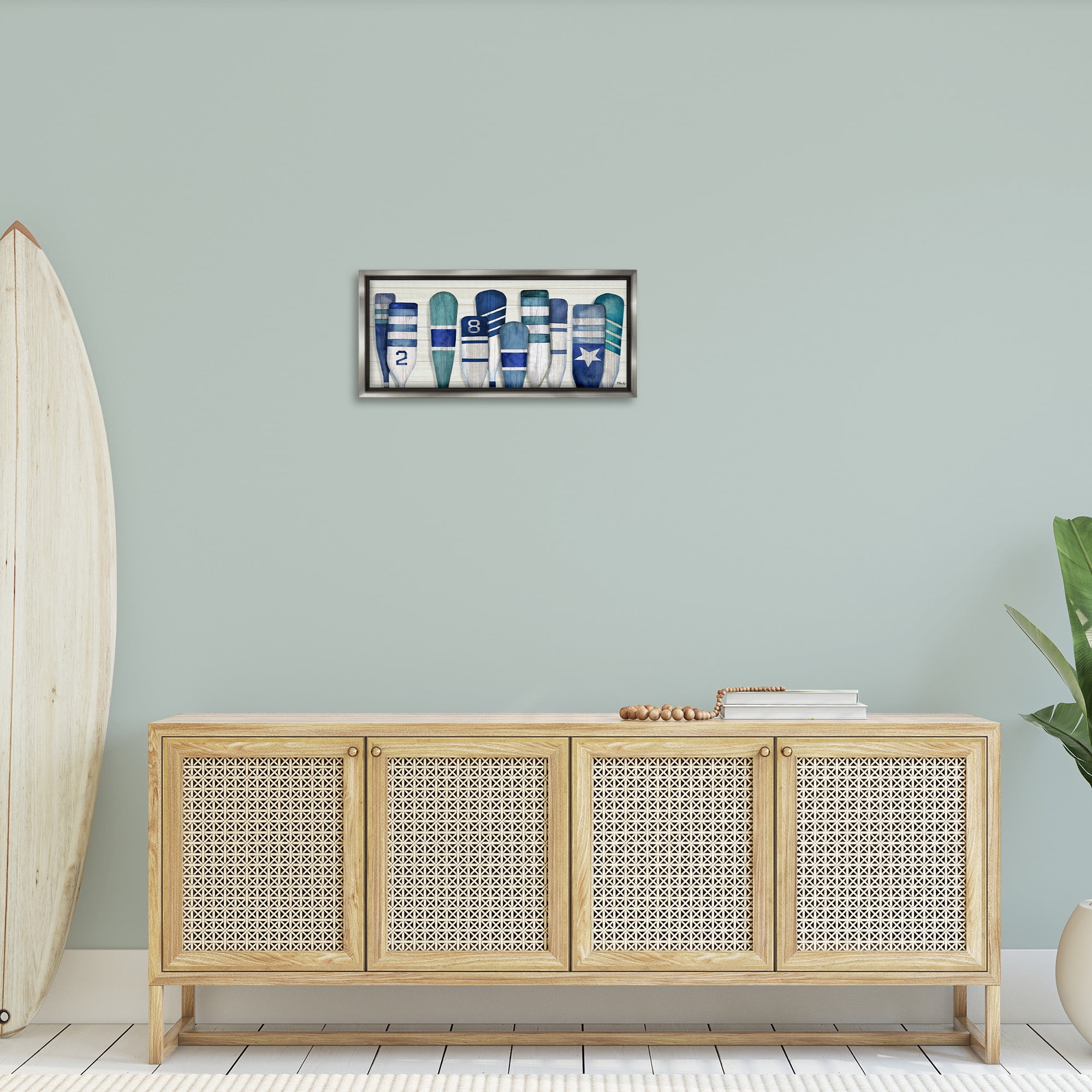 Stupell Industries Port Oars Nautical Blue Patterns Nature Painting Gray Floater Framed Canvas Art Print Wall Art, 25 x 11