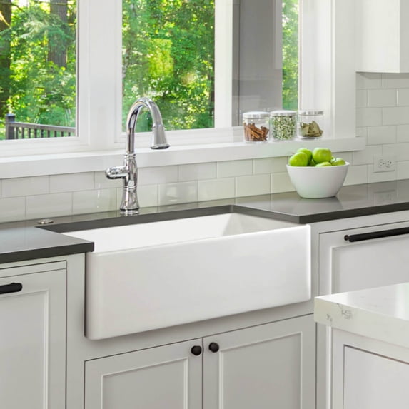 Fine Fixtures Fireclay, Single Bowl Farmhouse Apron Kitchen Sink, White, 30"