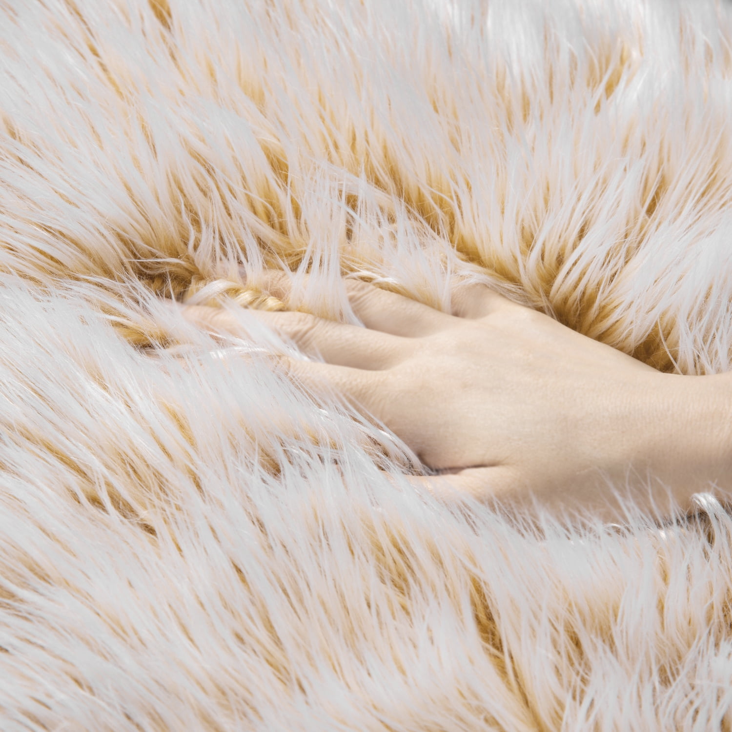 Deluxe Ultra Soft Faux Sheepskin Fur Series Fluffy Decorative Indoor Shag Area Rug, 3 x 3 Feet Round, Yellow and White, 1 Pack